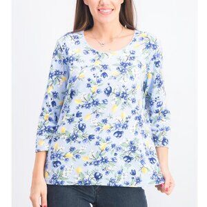 Women Floral 3 and 4 Sleeve Top, Indigo PL